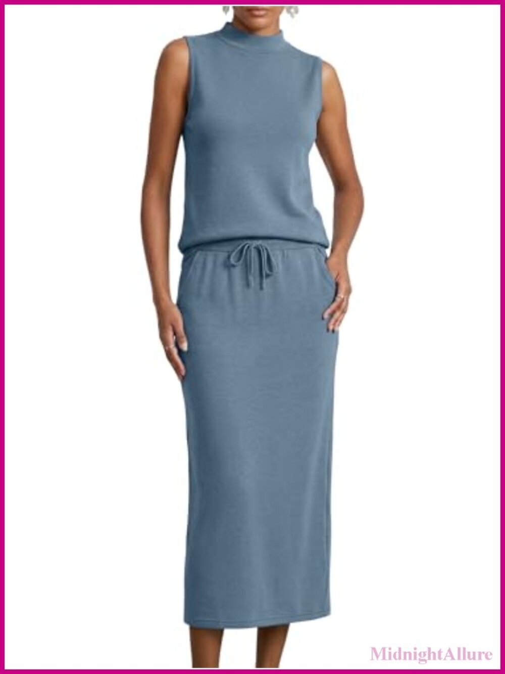 Women's 2 Piece Skirt Set Sleeveless Mock Neck Midi Skirt Outfit